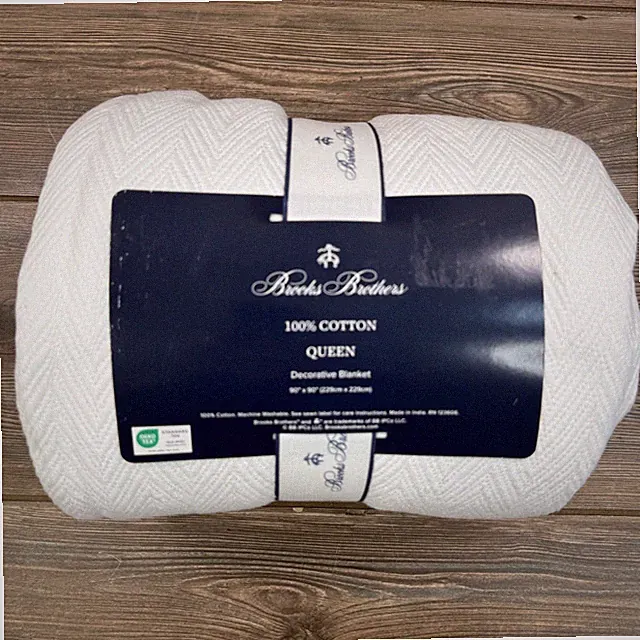 Brooks Brothers Queen Blanket White Herringbone 100% Cotton Coverlet 90X90 NEW